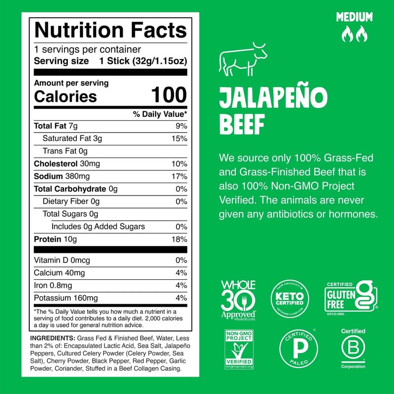 Chomps Grass-Fed and Finished Jalapeño Beef Jerky Snack Sticks 10-Pack - Keto, Paleo, Whole30, 10g Lean Meat Protein, Gluten-Free, Zero Sugar Food, Non-GMO - Image 2